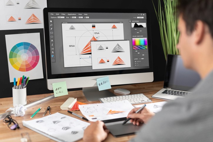Designer criando a arte de um rótulo no computador
