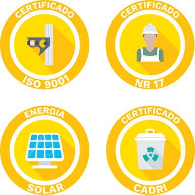 Selos de certificação ISO 9001, NR 17, energia solar e CADRI